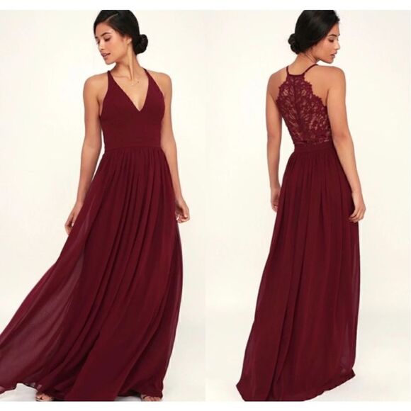 Lulus love spell small burgundy wine chiffon cocktail lace back maxi dress - Picture 1 of 10